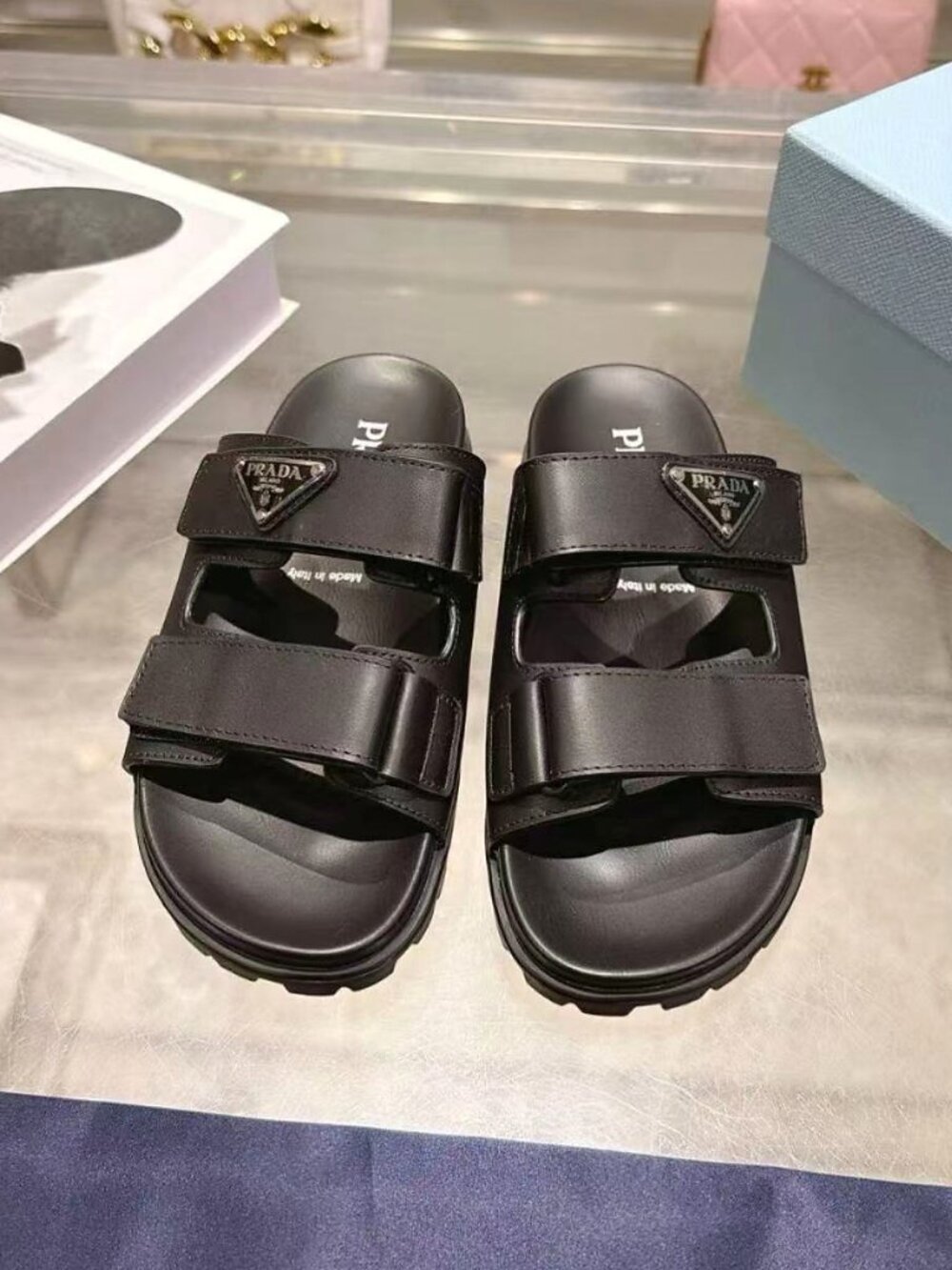 Prada Black Leather Dual Strap Platform Slide Sandals - Picture 1 of 8